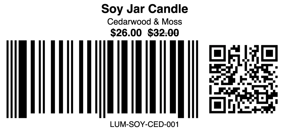A barcode and QR code label printed with SGT, our Shopify app