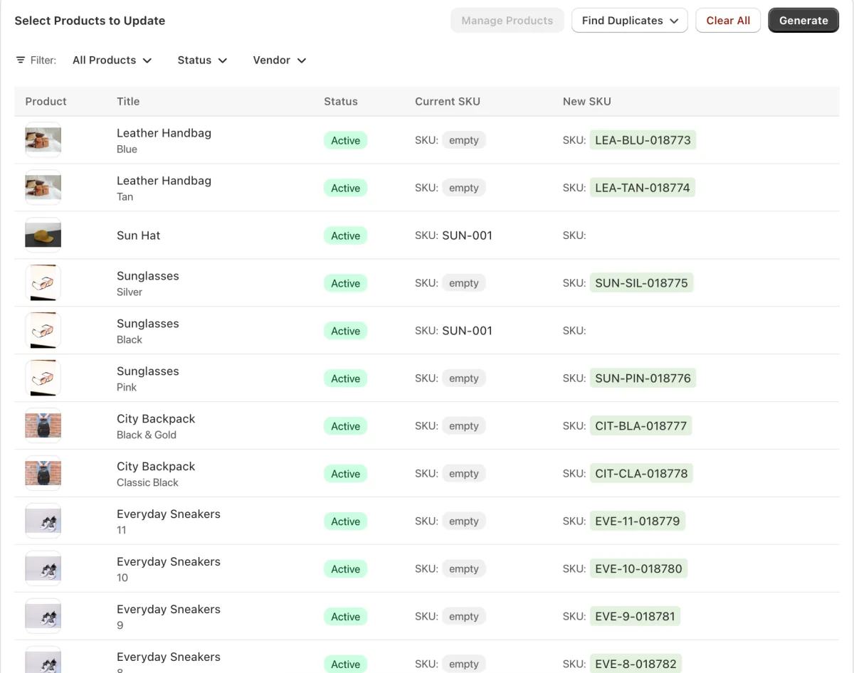 SGT generate screen with new SKUs previewed before saving