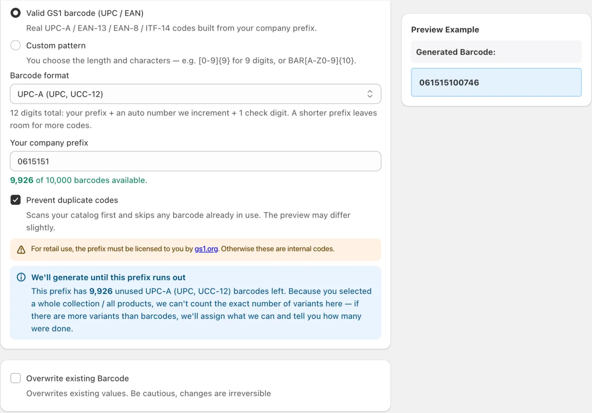 SGT barcode settings: UPC-A from a GS1 company prefix