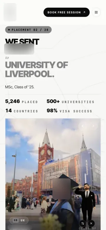 Study-abroad consultancy website on a phone