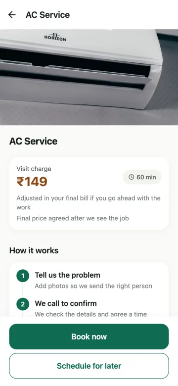 Hire Anyone app: a service page with the visit charge and Book now